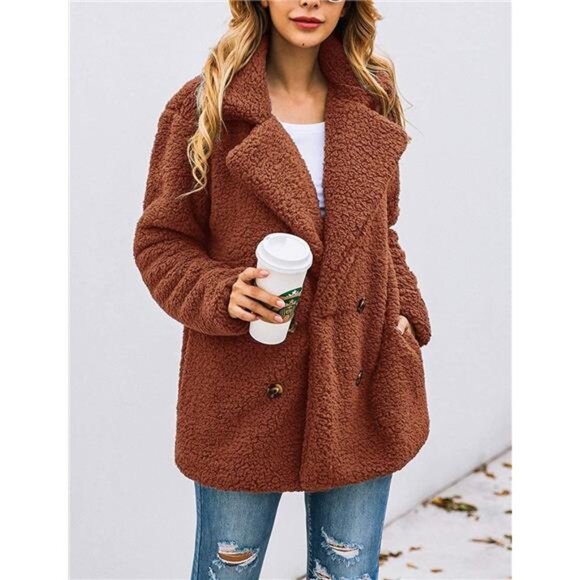 Women's Sherpa Fleece Faux Fur Trendy Jackets Camel Brown - Picture 3 of 5